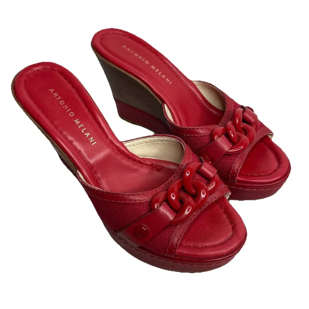 ANTONIO MELANI Red Wedge Slip On Platform Peep Toe Sandal 6.5 Y2K Retro Boho